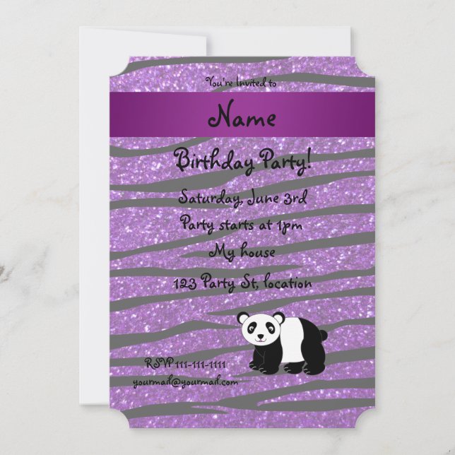 Personalized name panda purple glitter zebra invitation (Front)