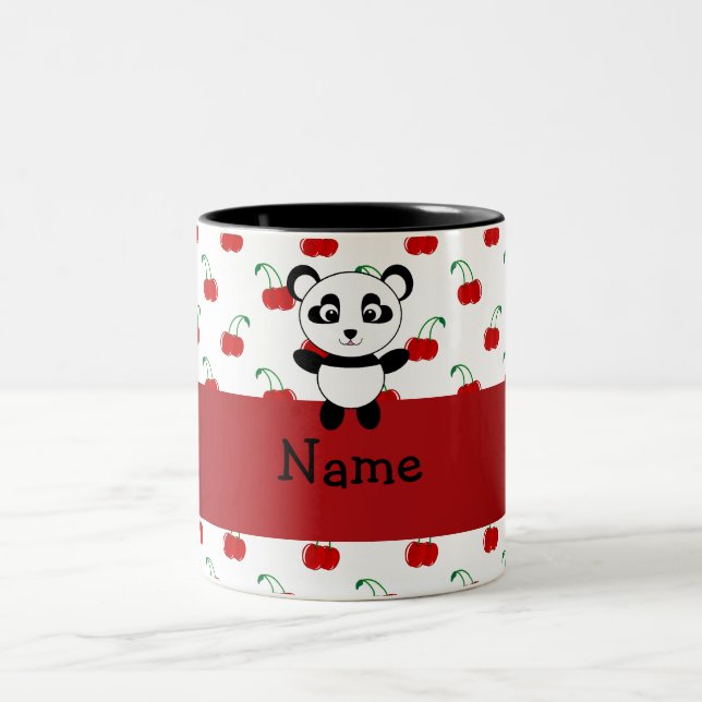 Personalized name panda red cherries Two-Tone coffee mug (Center)