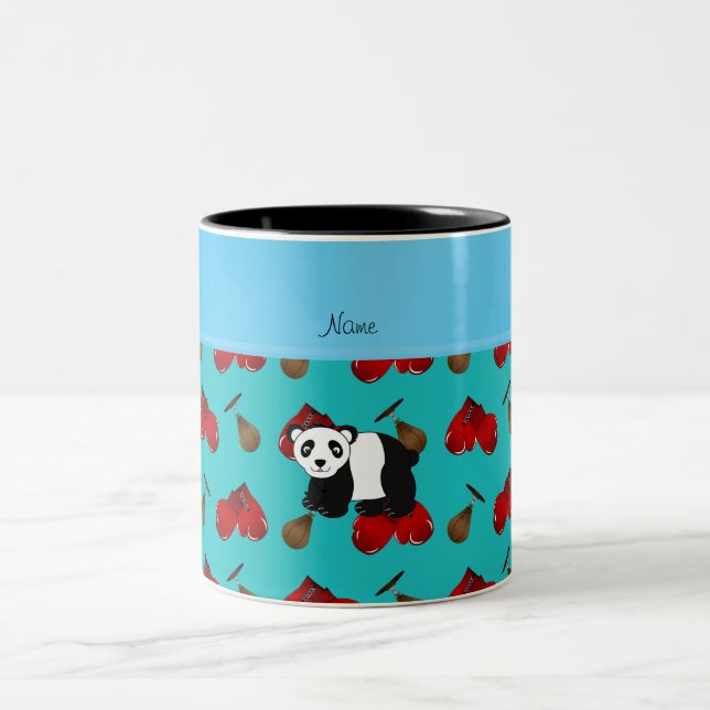 Personalized name panda turquoise boxing gloves Two-Tone coffee mug (Center)