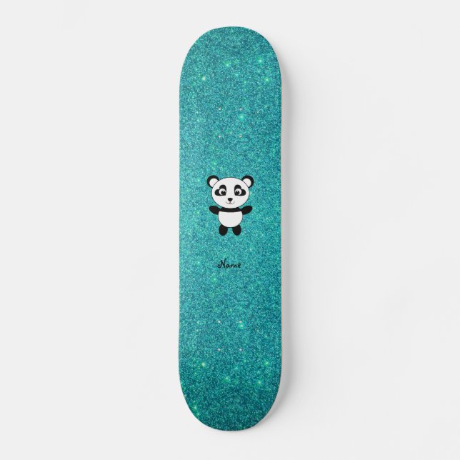 Personalized name panda turquoise glitter skateboard (Front)