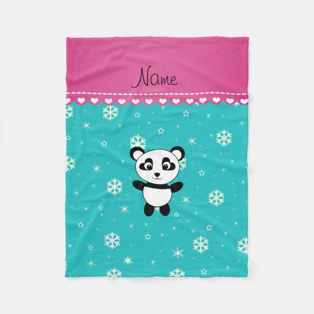 Personalized name panda turquoise snowflakes fleece blanket (Front)