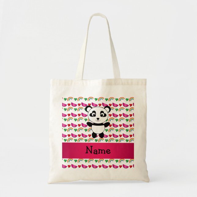 Personalized name panda watermelons hearts rainbow tote bag (Front)