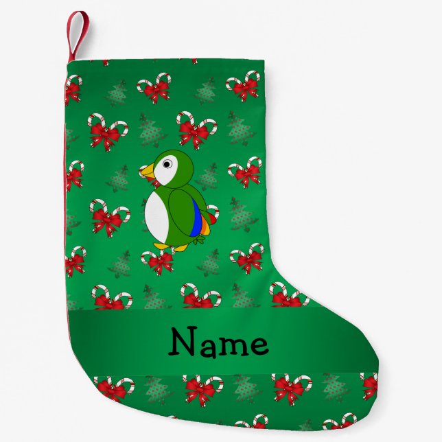 Personalized name parrot green candy canes bows small christmas stocking (Front)