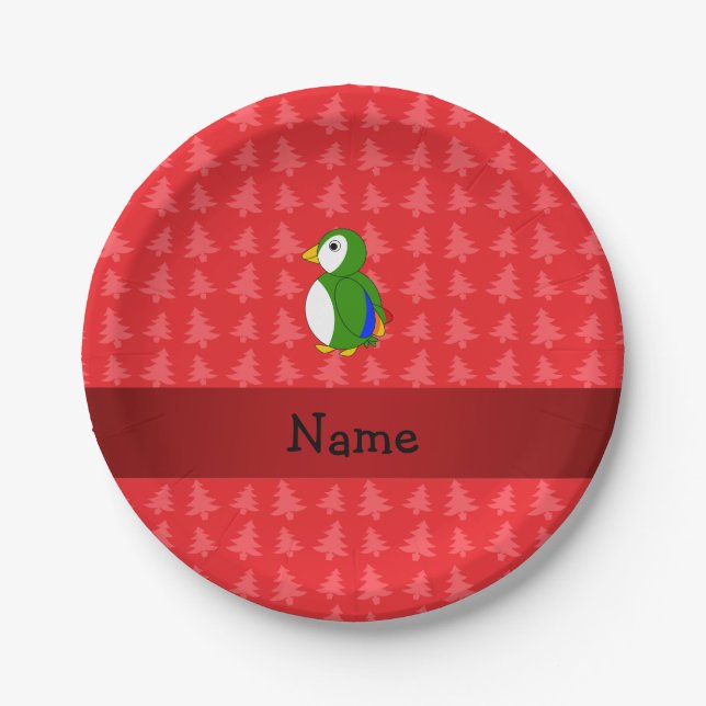 Personalized name parrot red christmas trees paper plates (Front)