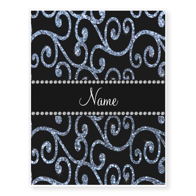 Personalized name pastel blue glitter swirls temporary tattoos (Front)