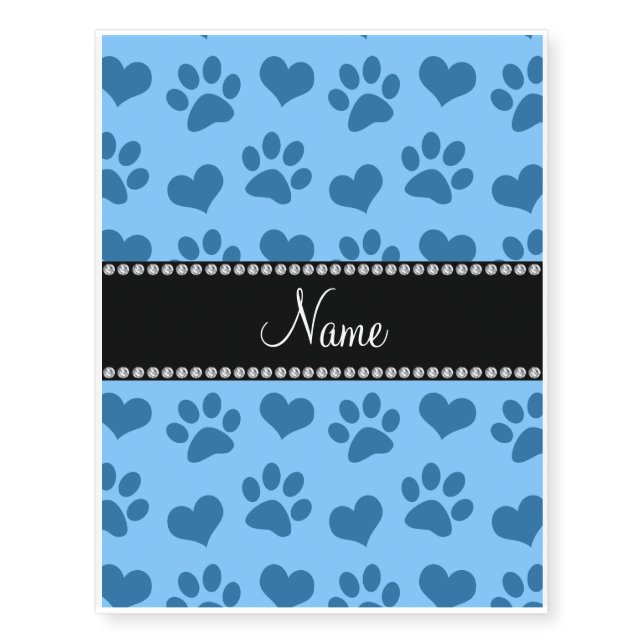 Personalized name pastel blue hearts and paw print temporary tattoos (Front)