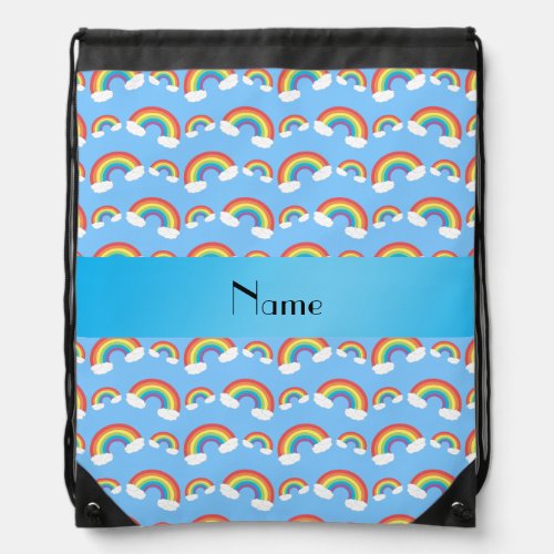 Personalized name pastel blue rainbows pattern drawstring bag