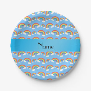 Personalized name pastel blue rainbows pattern paper plates