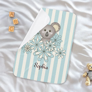 Personalized Name Pastel Blue Stripe Cute Koala Receiving Blanket