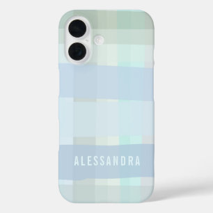 Personalized Name Pastel,Check Plaid Blue Sage iPhone 16 Case