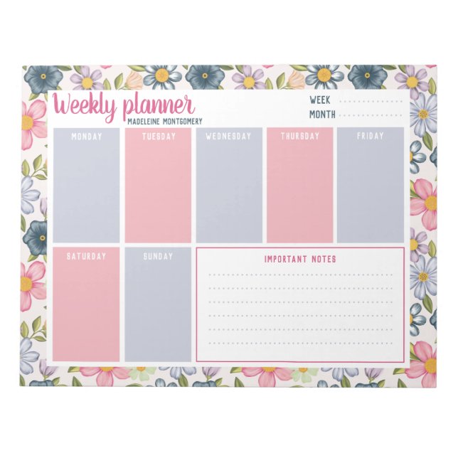 Personalized Name Pastel Floral Weekly Planner Notepad (Front)