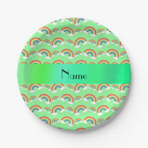 Personalized name pastel green rainbows paper plates