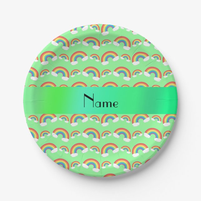 Personalized name pastel green rainbows paper plates (Front)
