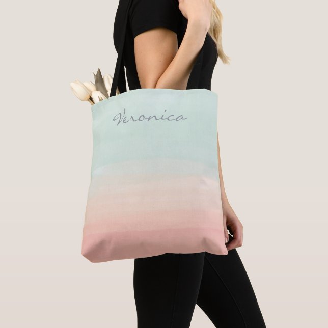 Personalized Name Pastel Mint Peach Watercolor  Tote Bag (Close Up)