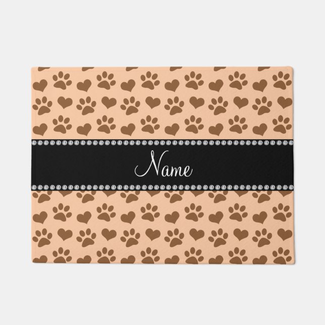 Personalized name pastel peach hearts and paw doormat (Front)