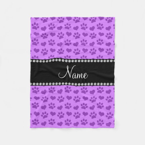 Personalized name pastel purple hearts and paws fleece blanket