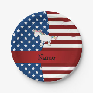 Personalized name Patriotic unicorn Paper Plates
