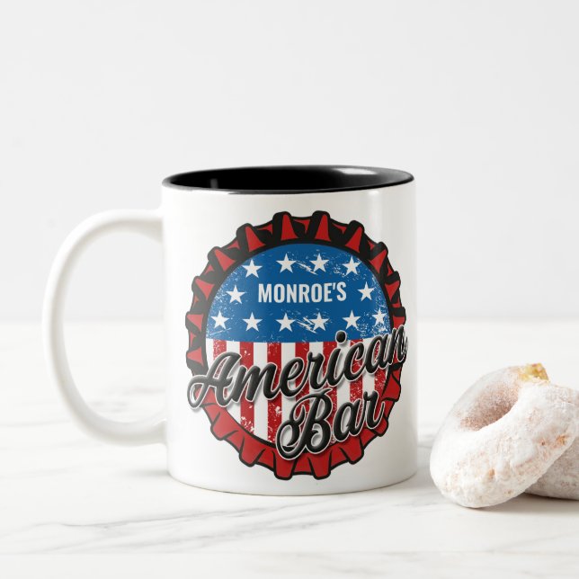 Personalized NAME Patriotic USA Flag American Bar Two-Tone Coffee Mug (With Donut)