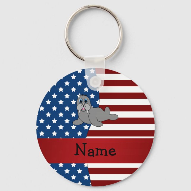Personalized name Patriotic walrus Keychain (Front)