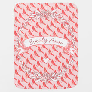 Personalized Name Peachy Pink Garland Vintage Bird Receiving Blanket