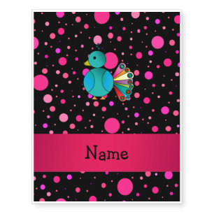 Personalized name peacock black pink polka dots temporary tattoos