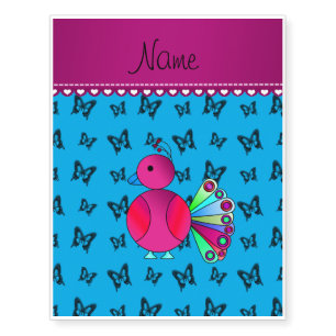 Personalized name peacock blue butterflies temporary tattoos