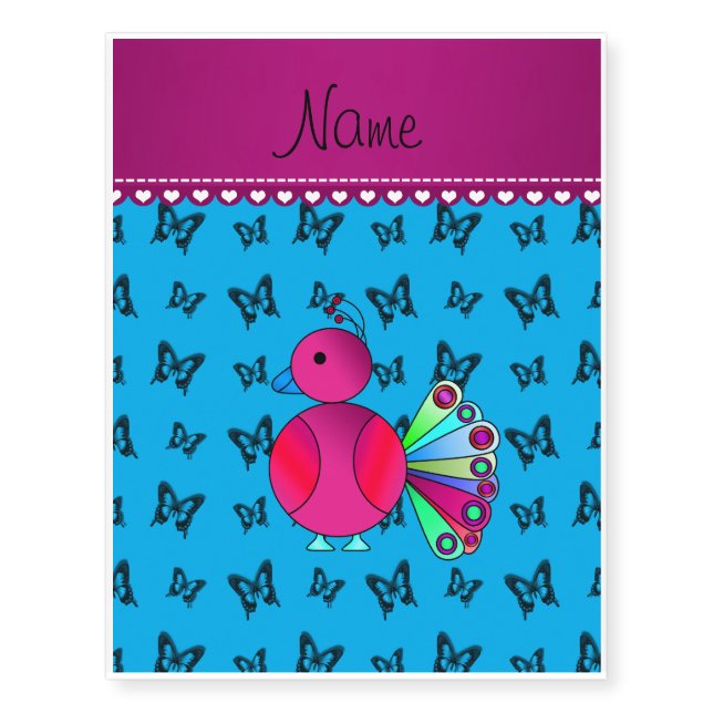 Personalized name peacock blue butterflies temporary tattoos (Front)