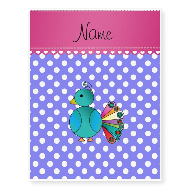 Personalized name peacock light purple polka dots temporary tattoos (Front)