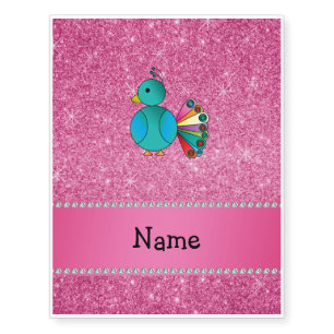 Personalized name peacock pink glitter temporary tattoos