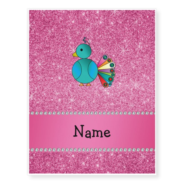 Personalized name peacock pink glitter temporary tattoos (Front)