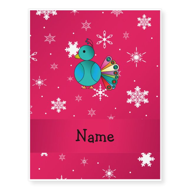 Personalized name peacock pink snowflakes temporary tattoos (Front)