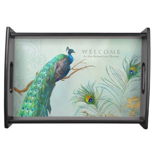 Personalized Name Peacock w Feathers Vintage Gold Serving Tray