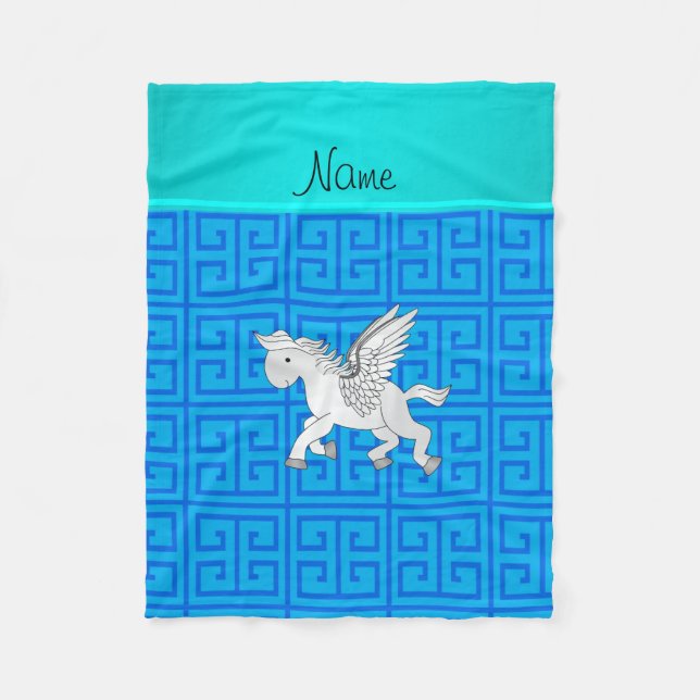Personalized name pegasus blue greek key fleece blanket (Front)