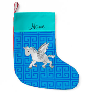 Personalized name pegasus blue greek key small christmas stocking