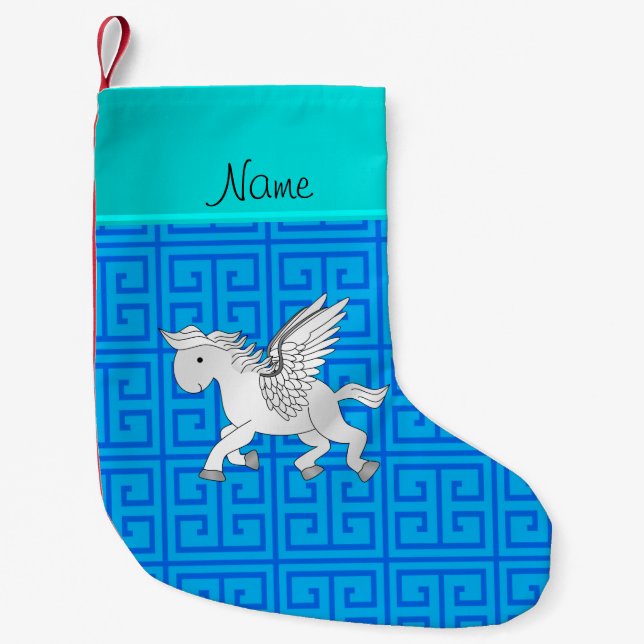 Personalized name pegasus blue greek key small christmas stocking (Front)