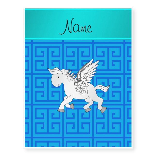 Personalized name pegasus blue greek key temporary tattoos (Front)