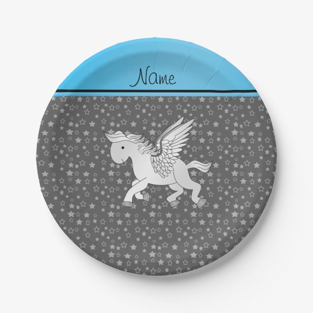 Personalized name pegasus gray stars paper plates (Front)