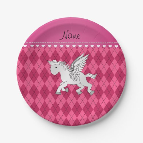 Personalized name pegasus pink argyle paper plates