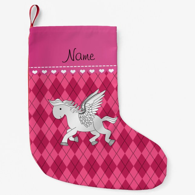 Personalized name pegasus pink argyle small christmas stocking (Front)