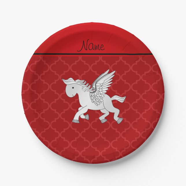 Personalized name pegasus red moroccan paper plates (Front)