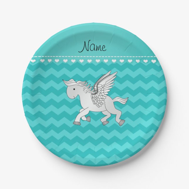 Personalized name pegasus turquoise chevrons paper plates (Front)
