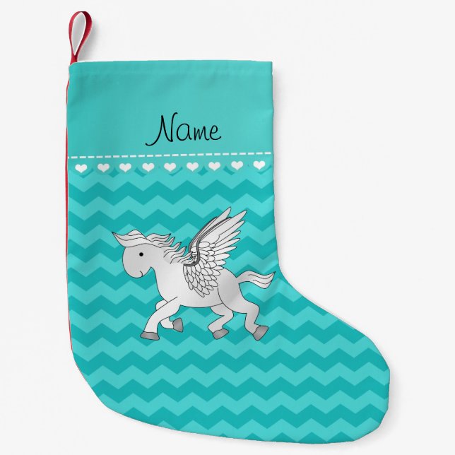 Personalized name pegasus turquoise chevrons small christmas stocking (Front)