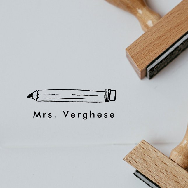 Personalized Name Pencil Rubber Stamp (Hand-drawn No. 2 pencil illustration custom name rubber stamp.)