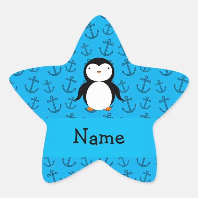 Personalized name penguin blue anchors pattern star sticker (Front)