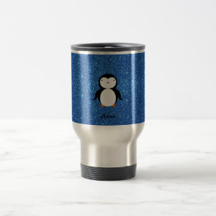 Personalized name penguin blue glitter travel mug