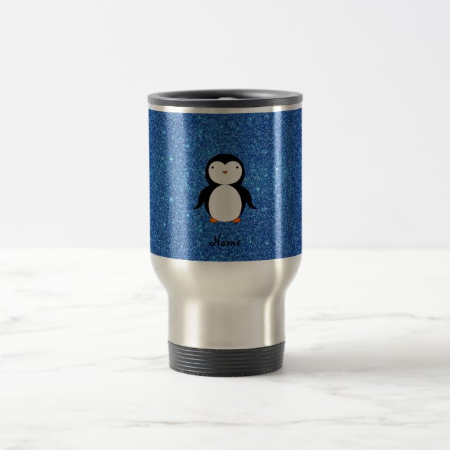 Personalized name penguin blue glitter travel mug (Center)