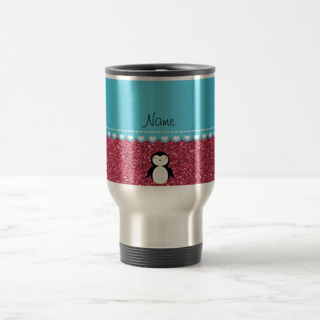 Personalized name penguin fuchsia pink glitter travel mug (Center)