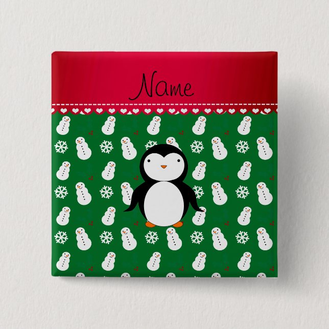 Personalized name penguin green snowmen snowflakes pinback button (Front)