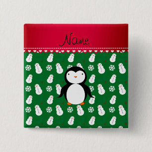 Personalized name penguin green snowmen snowflakes pinback button