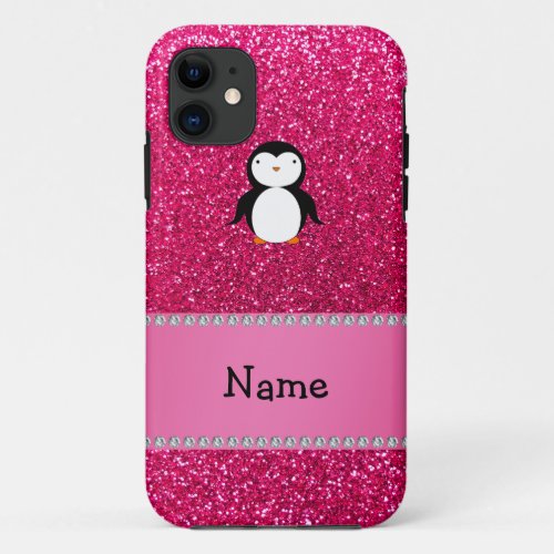Personalized name penguin pink glitter iPhone 11 case